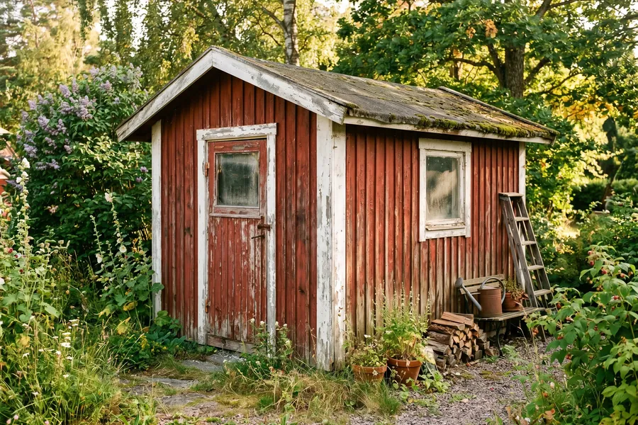 Före – Trädgårdsbod i Alingsås – flagnande rödfärg ommålad