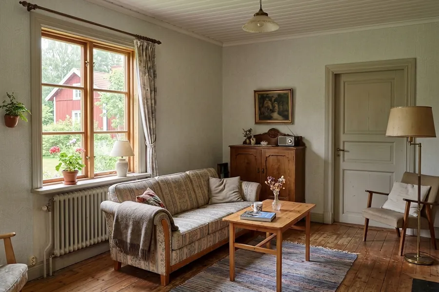Efter – Vardagsrum i Kungälv – 90-talstapet bytt till ljus skandinavisk