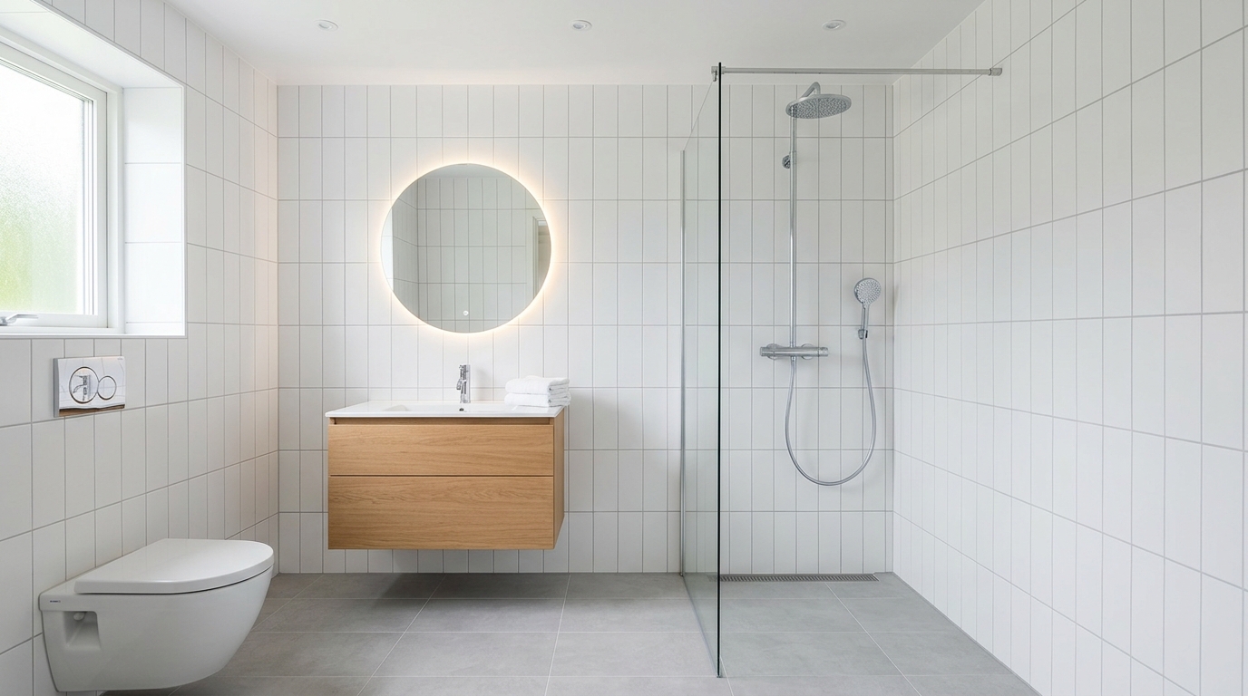 Renoverat modernt badrum med kakel och ny dusch i Göteborg