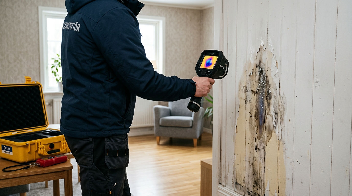 Fuktutredare med FLIR-kamera undersöker en vägg med droppinflöde i Göteborg