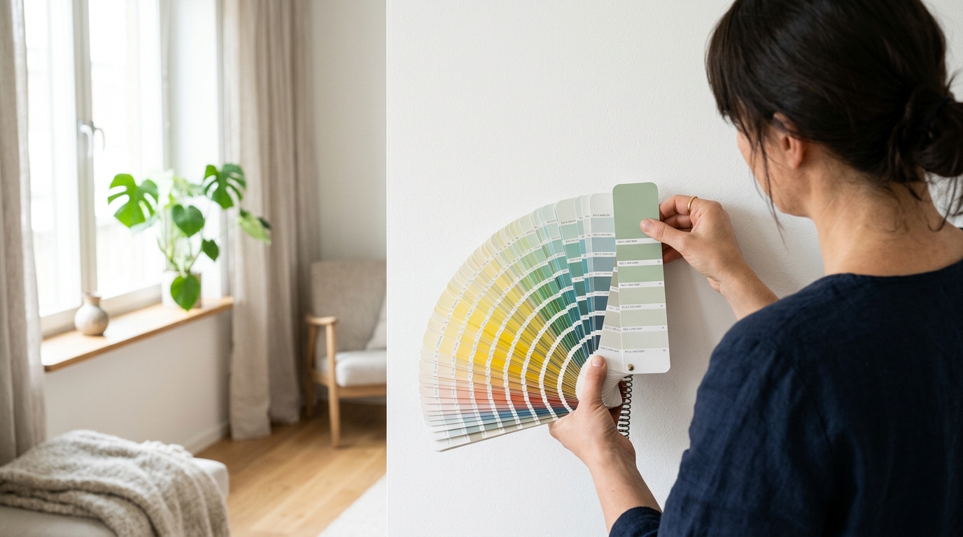 Färgkonsult visar NCS-färgprover mot en vägg i ett hem i Göteborg