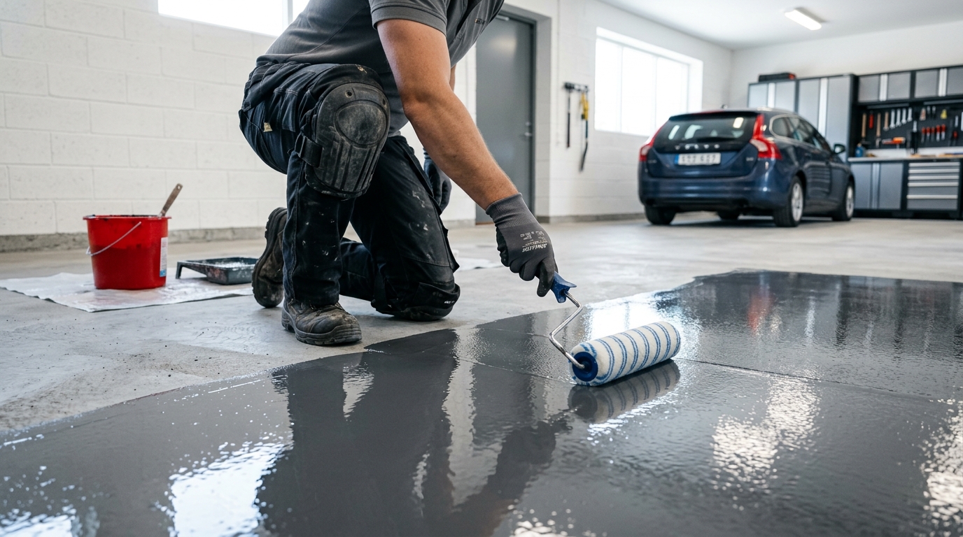 Målare stryker epoxilack på ett betonggolv i ett garage i Göteborg