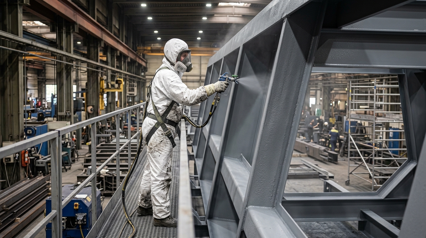 Industrimålare i skyddsutrustning målar en stålkonstruktion i Göteborg