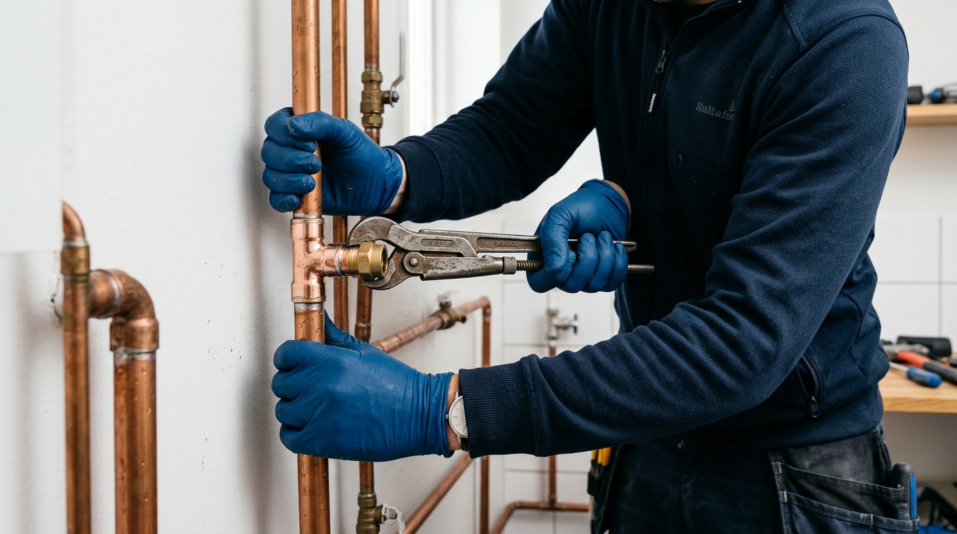 VVS-reparatör utför rörreparation under ett kök i Göteborg