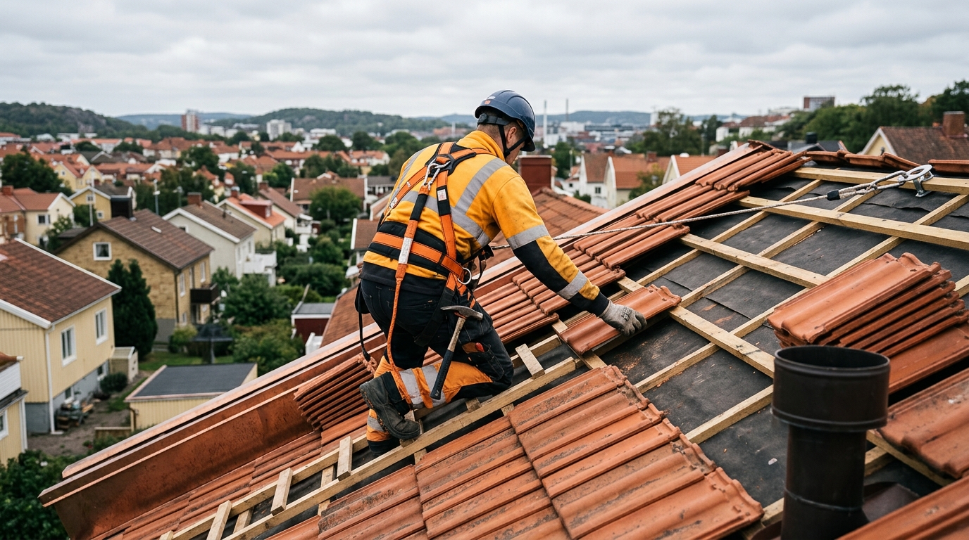 Takläggare lägger tegelpannor på ett hustak i Göteborg